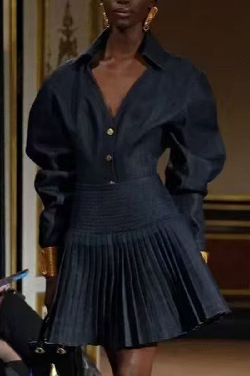 FLORENCE SINGLE-BREASTED TOP & PLEATED SKIRT NAVY BLUE