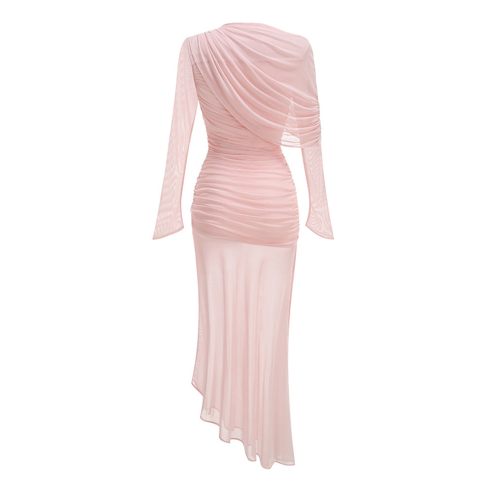 HIGH-NECK PLEATED MESH MAXI DRESS, PINK