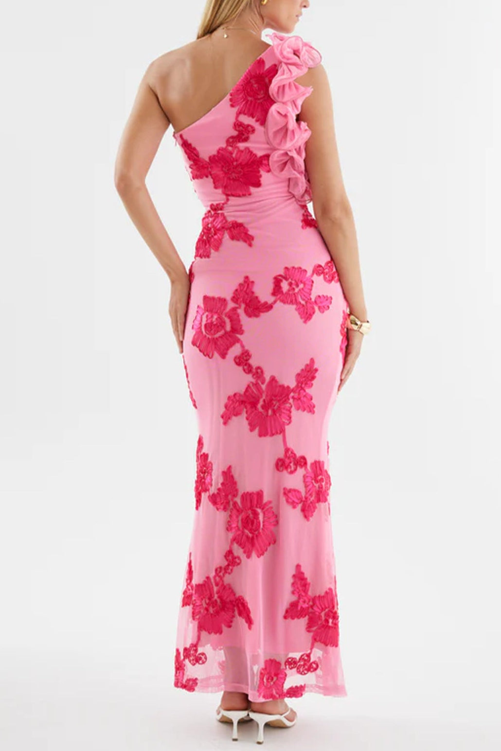 BODYCON PINK ONE-SHOULDER 3D FLOWER MAXI DRESS
