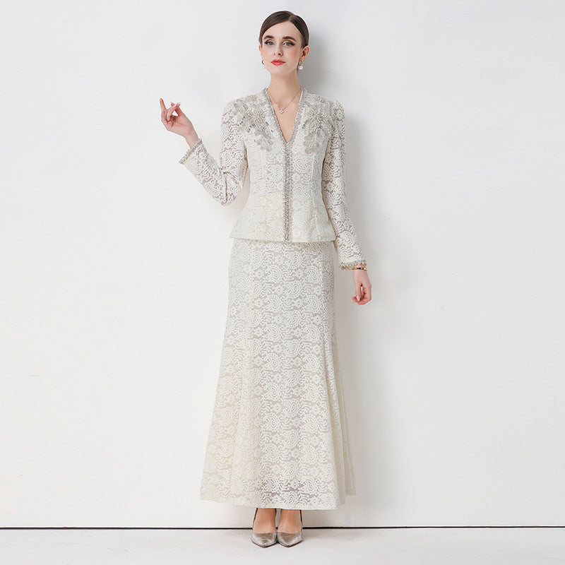 GEORGIA BEADED LACE TOP & FISHTAIL SKIRT SET WHITE