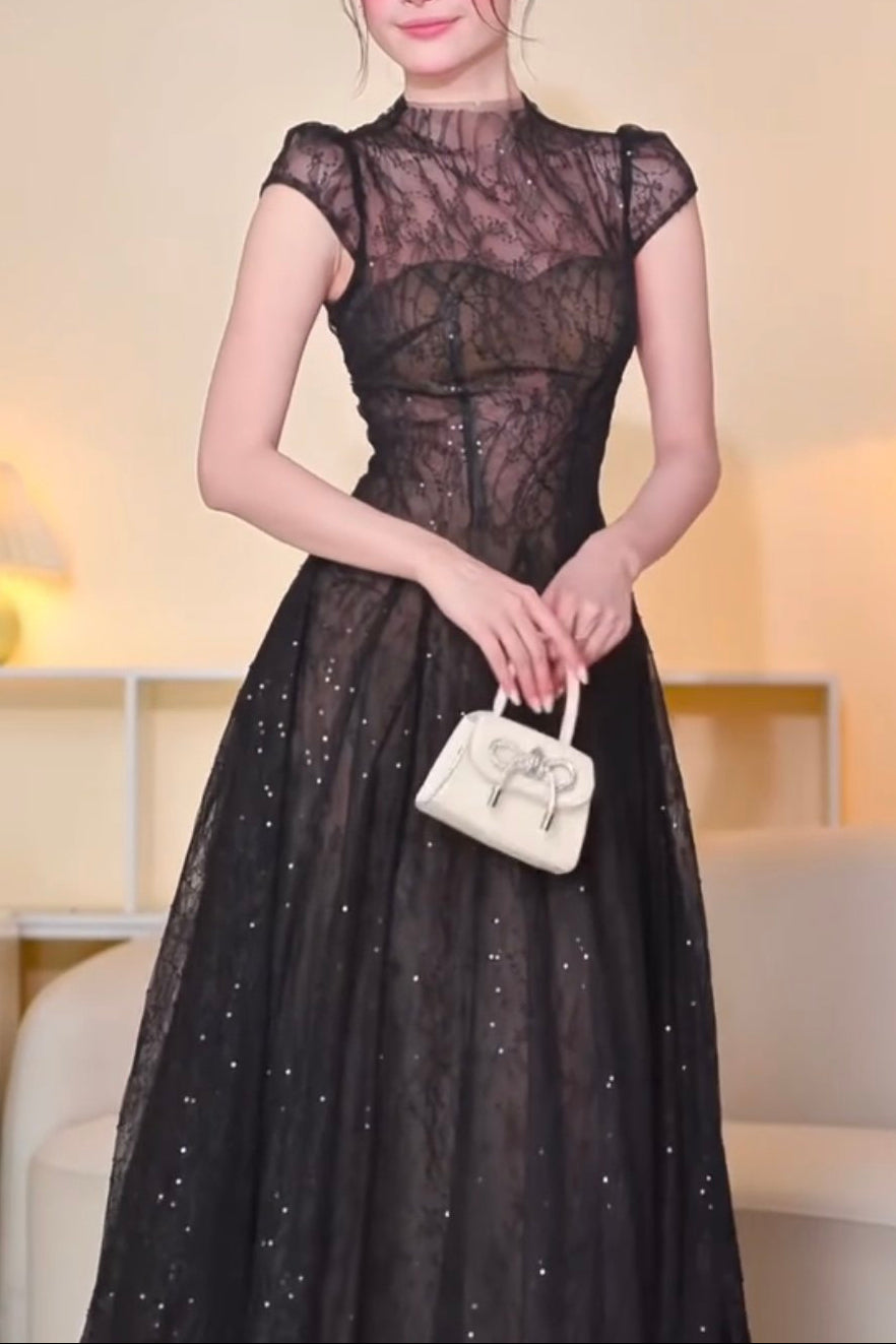 LACE SEQUIN A-LINE MIDI DRESS FOR PARTY