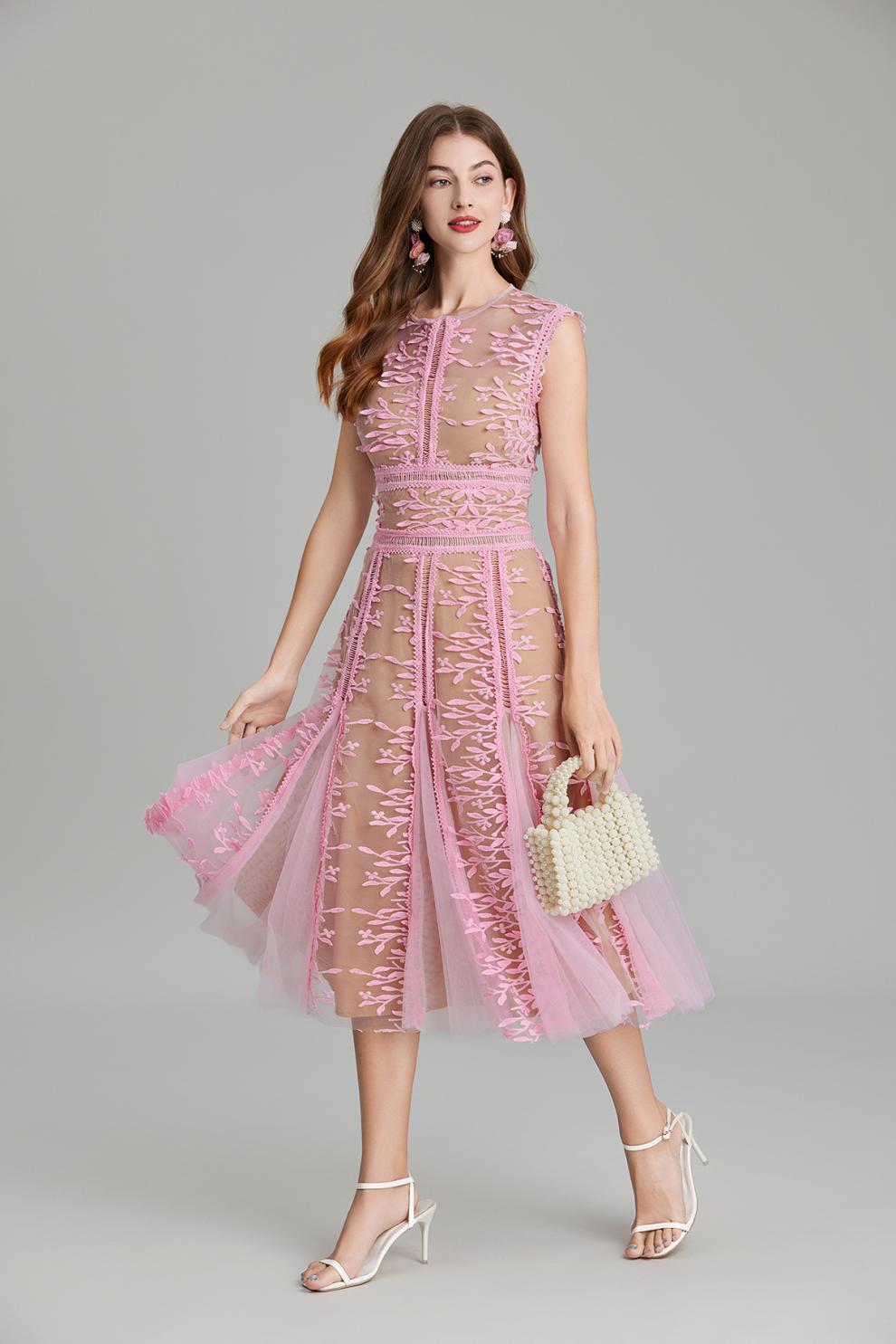 PHOENIX 3D LACE MIDI DRESS IN PINK