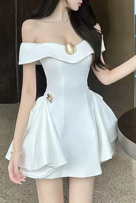 METAL A-LINE OFF-SHOULDER WHITE MINI DRESS