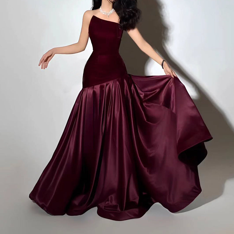 TIFFANY STRAPLESS SPLICING MAXI DRESS - BURGUNDY
