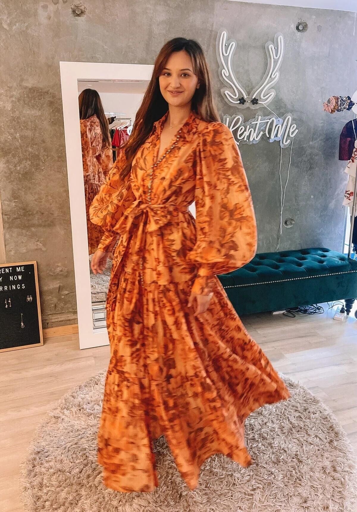BROWN PRINTED BALLOON SLEEVE MAXI DRESS FOR WOMEN