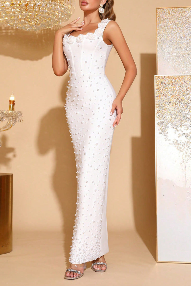 ADELA WHITE BEADED SQUARE-NECK BANDAGE MAXI DRESS