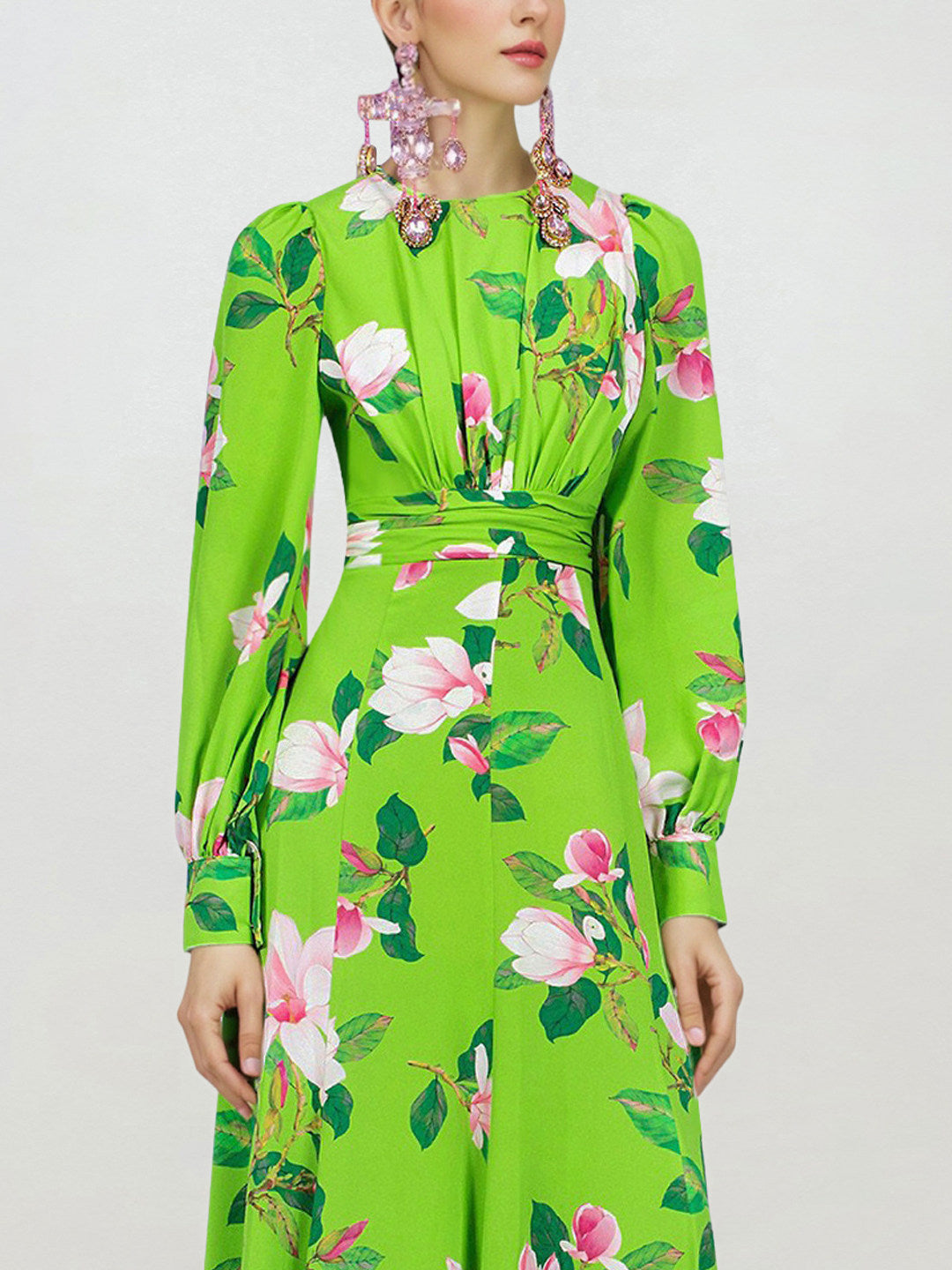 GREEN FLORAL SATIN LONG SLEEVE MAXI DRESS