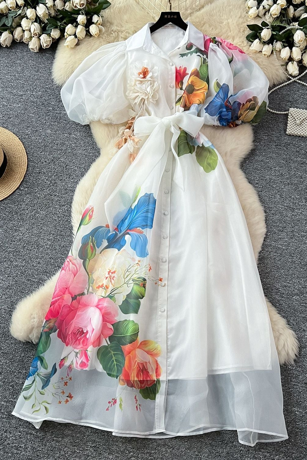 SINGLE-BREASTED FLORAL PUFF SLEEVE MAXI DRESS IN APRICOT