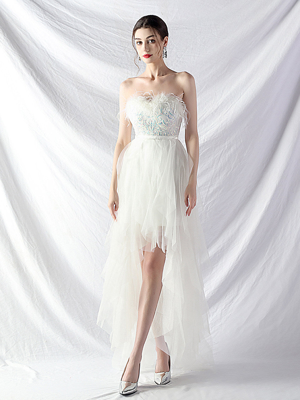 STRAPLESS FEATHER TULLE MIDI DRESS FOR PARTY
