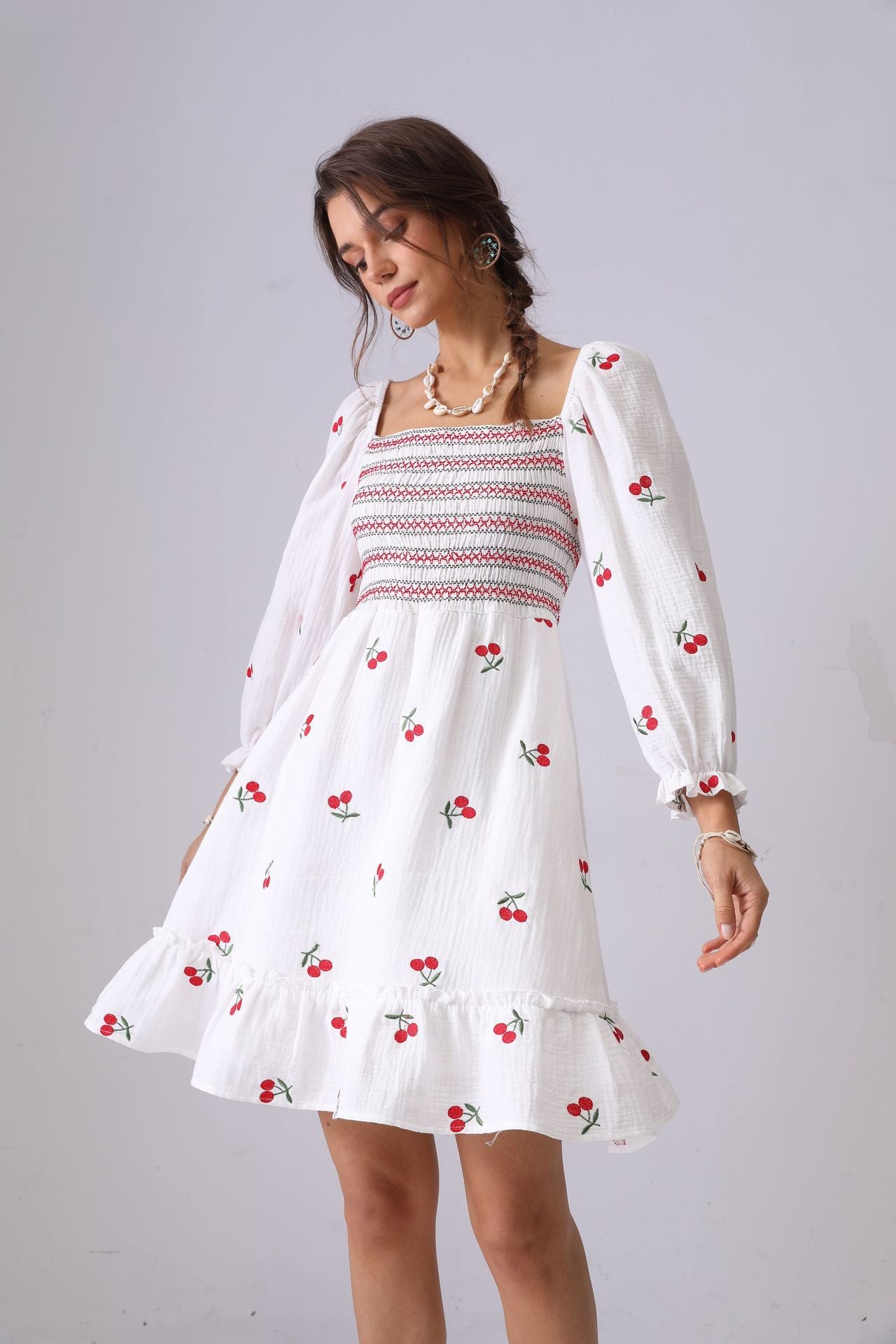 LONG SLEEVE GAUZE LOTUS SKIRT, OPEN BACK PRINTED MAXI