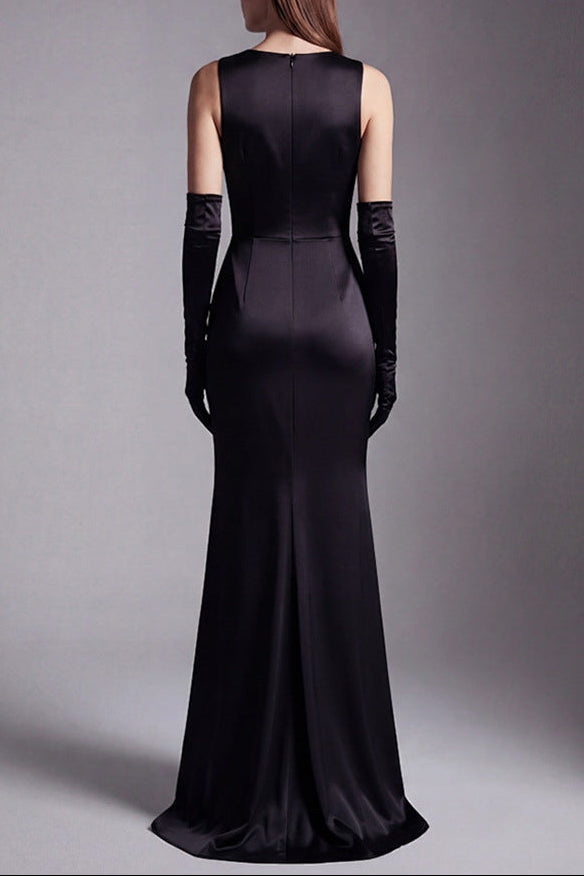 ANILA BLACK FLORAL EMBROIDERY JERSEY MAXI DRESS