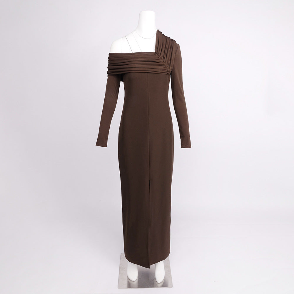 MAUD ONE-SHOULDER PLEATED MAXI DRESS BROWN