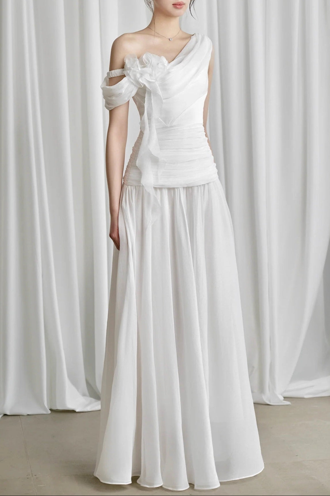 ONE-SHOULDER 3D FLOWER RUCHED MAXI DRESS