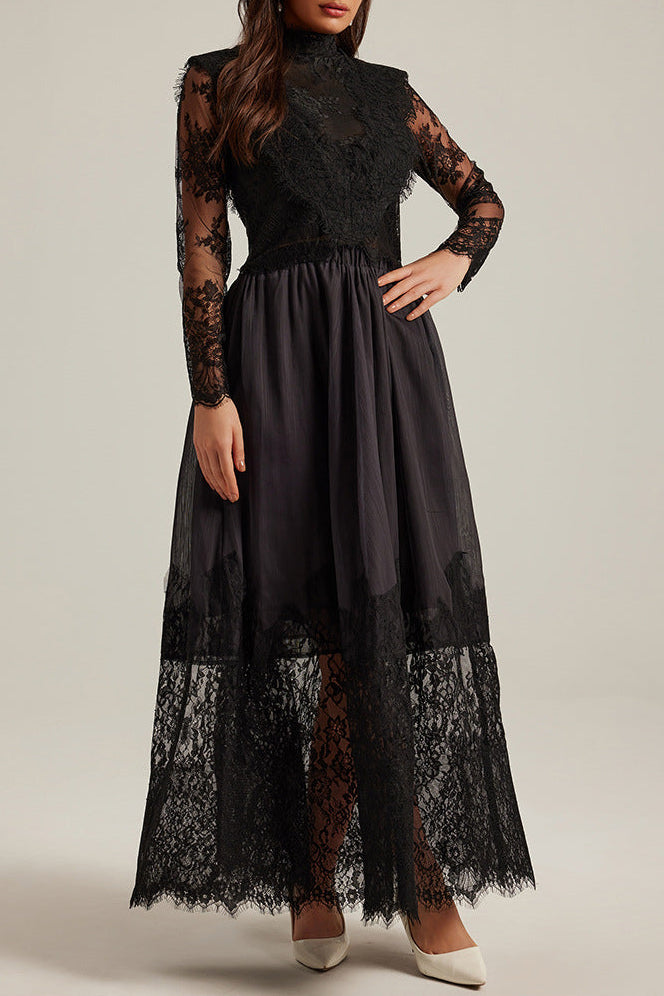 LACE EMBROIDERY MAXI DRESS SET - BLACK FORMAL