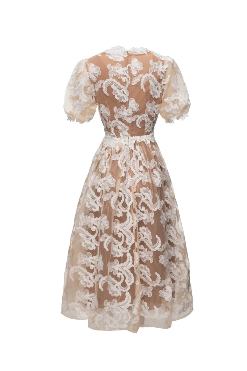 ALISA BEIGE PUFF SLEEVE EMBROIDERED MIDI DRESS