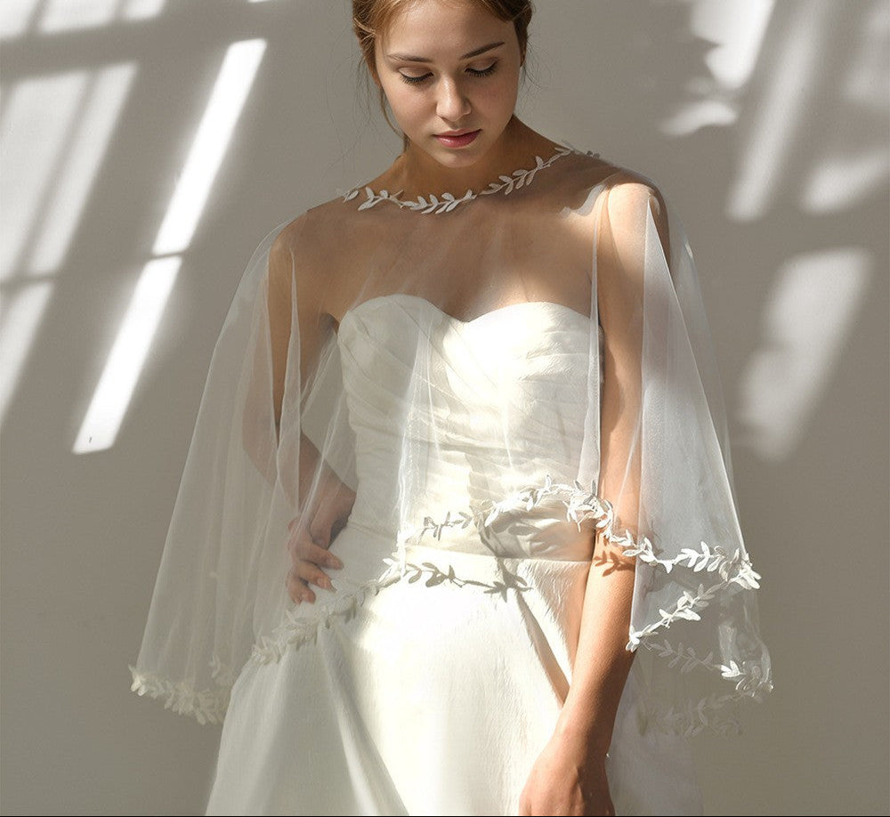 WHITE LEAF EMBROIDERY TULLE WEDDING CAPE SHRUG