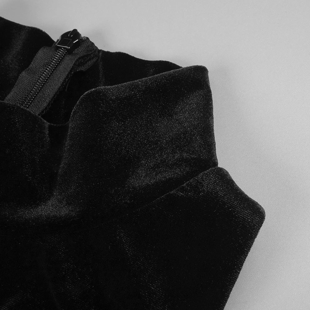 VELVET MESH PATCHWORK MAXI BLACK COCKTAIL DRESS