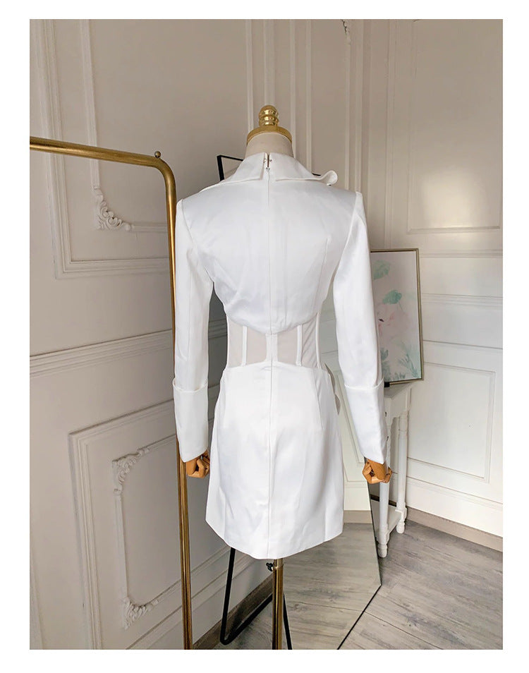 ALYSSA WHITE SEE-THROUGH FISHBONE BLAZER MINI DRESS