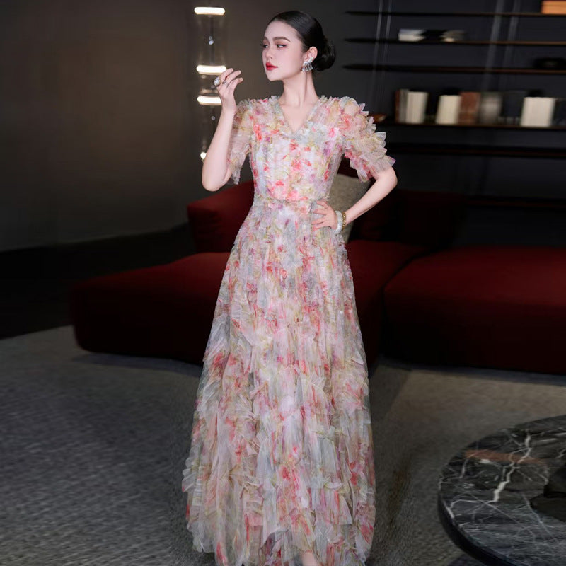 JODIE V-NECK RUFFLE TULLE MAXI DRESS