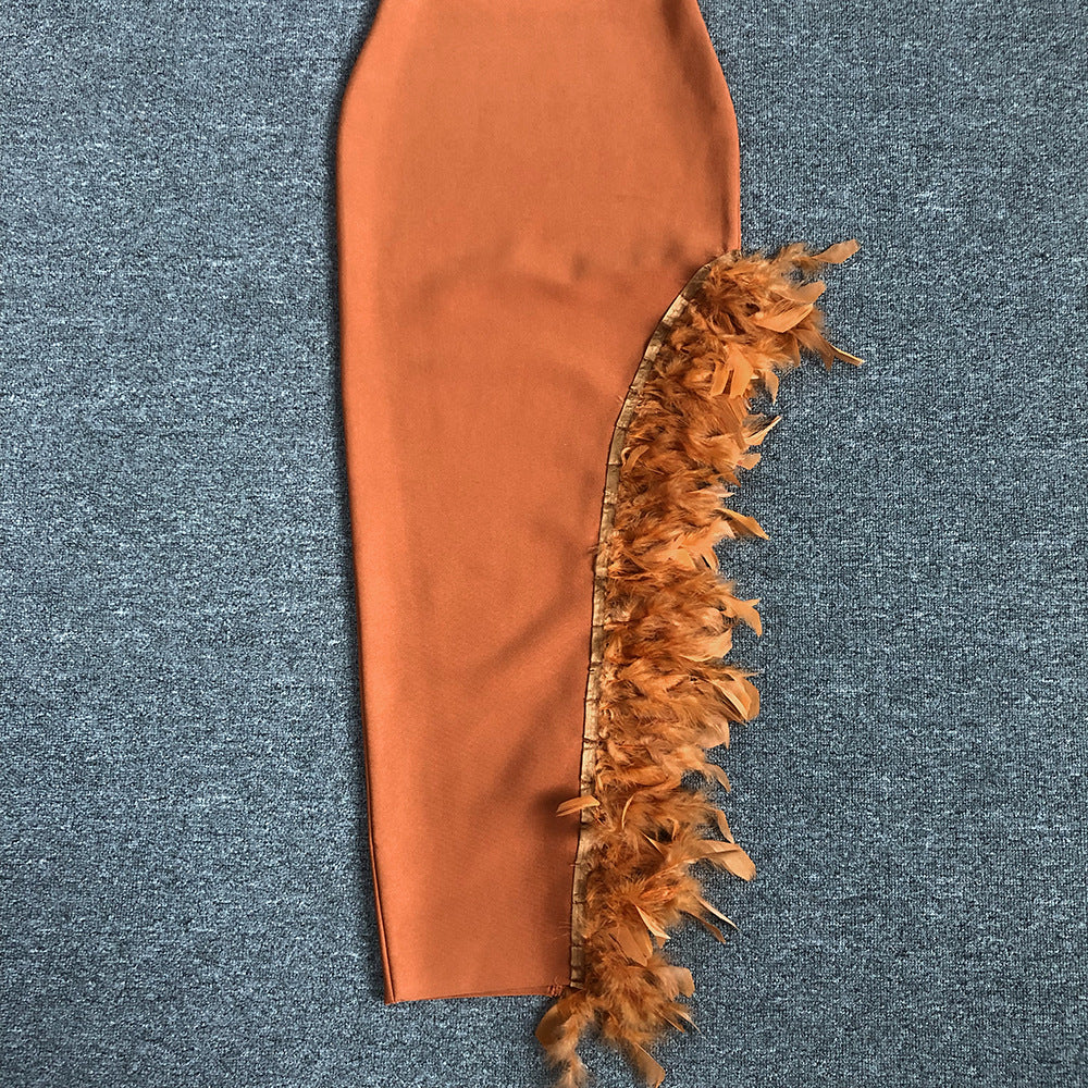 OSTRICH FEATHER V-NECK BANDAGE DRESS BROWN