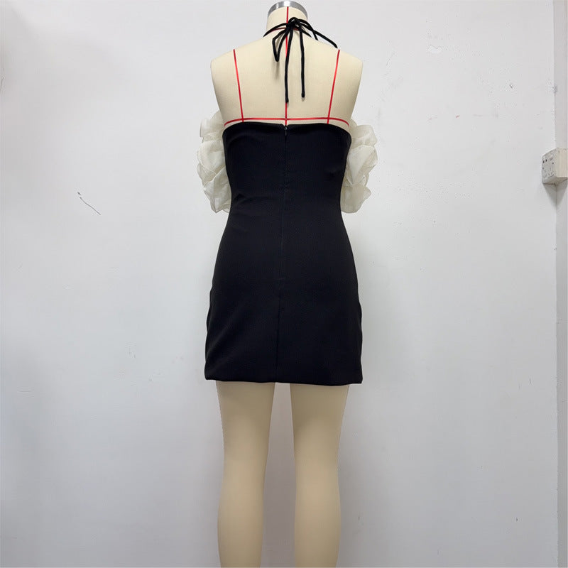 ROSEMARY BACKLESS RUFFLE MINI BLACK DRESS