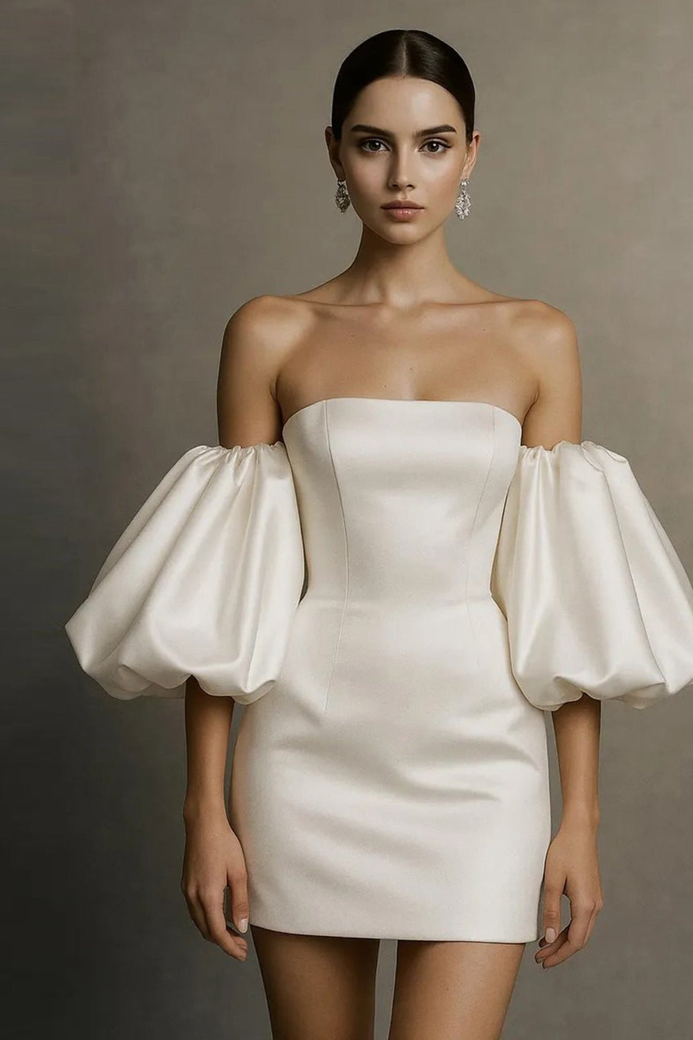 OFF SHOULDER GLOSSY SATIN MINI DRESS WITH DETACHABLE PUFF SLEEVES