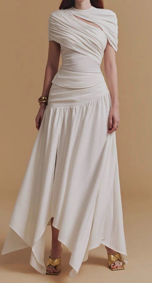 CASSIA Asymmetrical ruched top Midi Skirt set in white