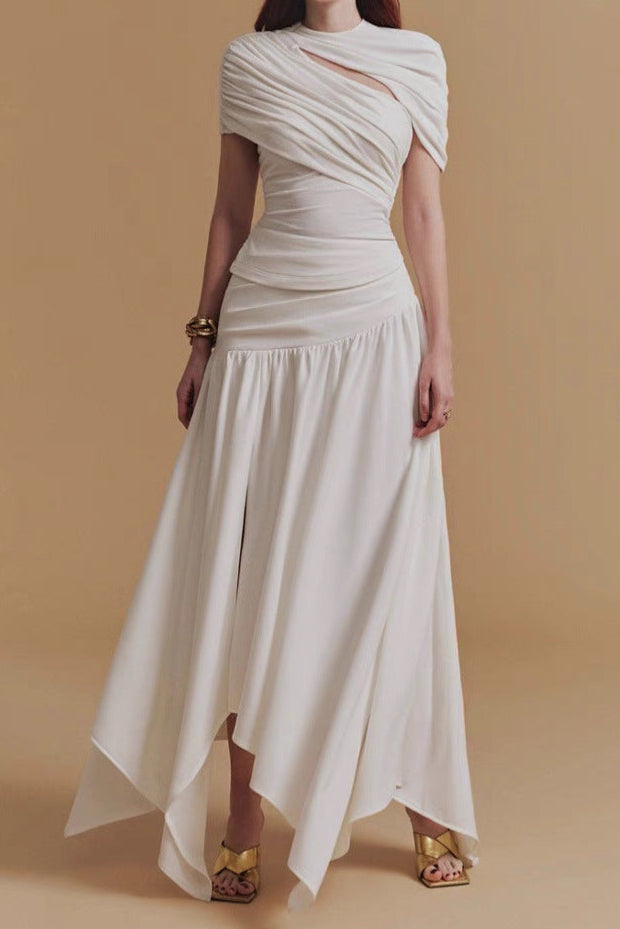 CASSIA ASYMMETRICAL SET: WHITE RUCHED TOP MIDI SKIRT