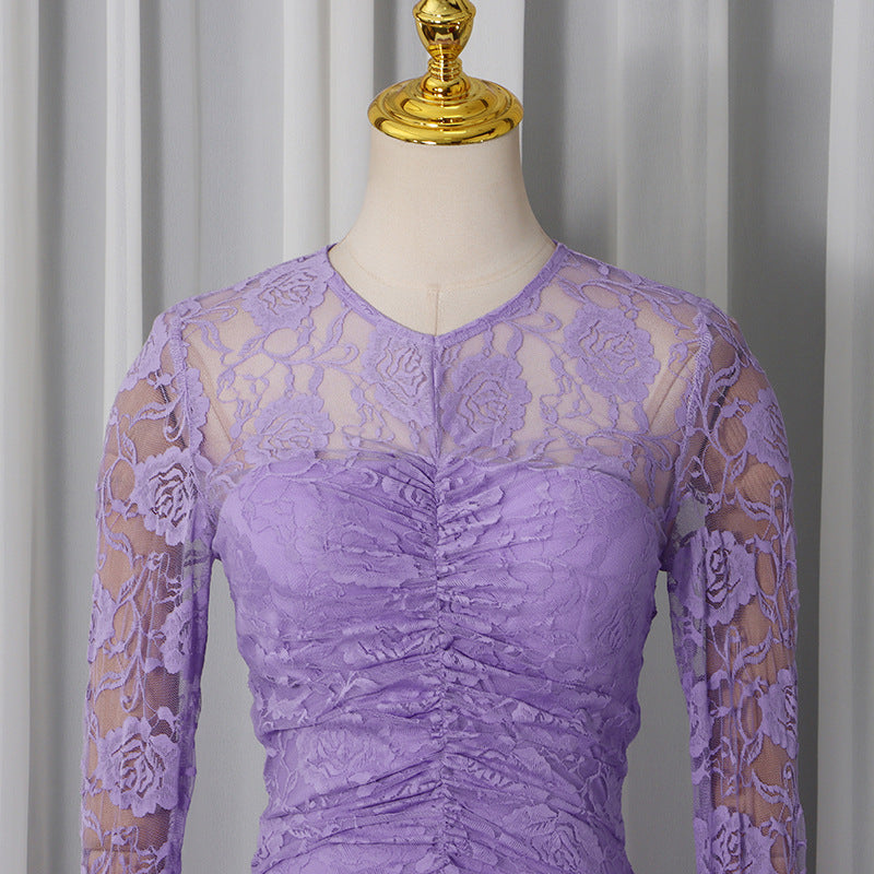 PENNY LACE RUCHED BODYCON MAXI DRESS IN PURPLE