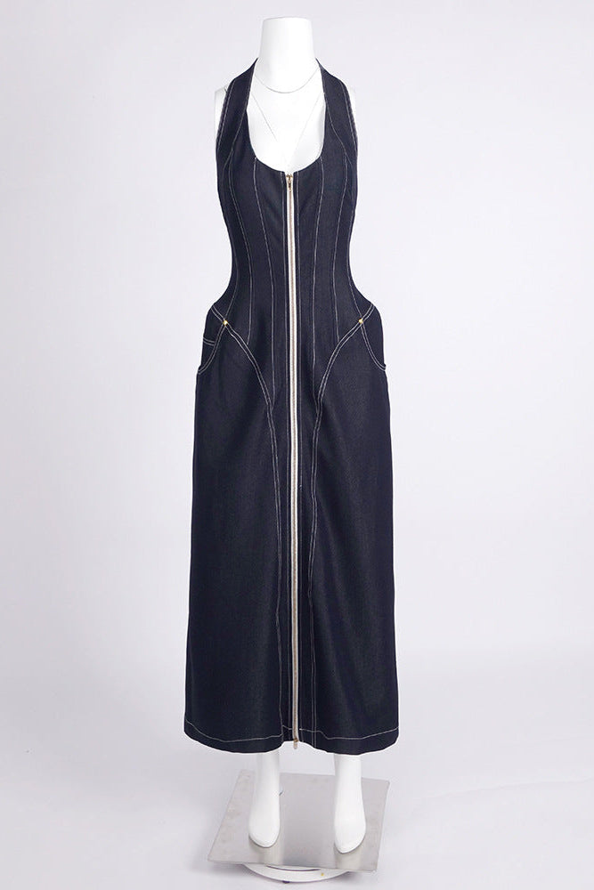 NAVY BLUE HALTER CORSET MIDI DRESS FOR WEDDING