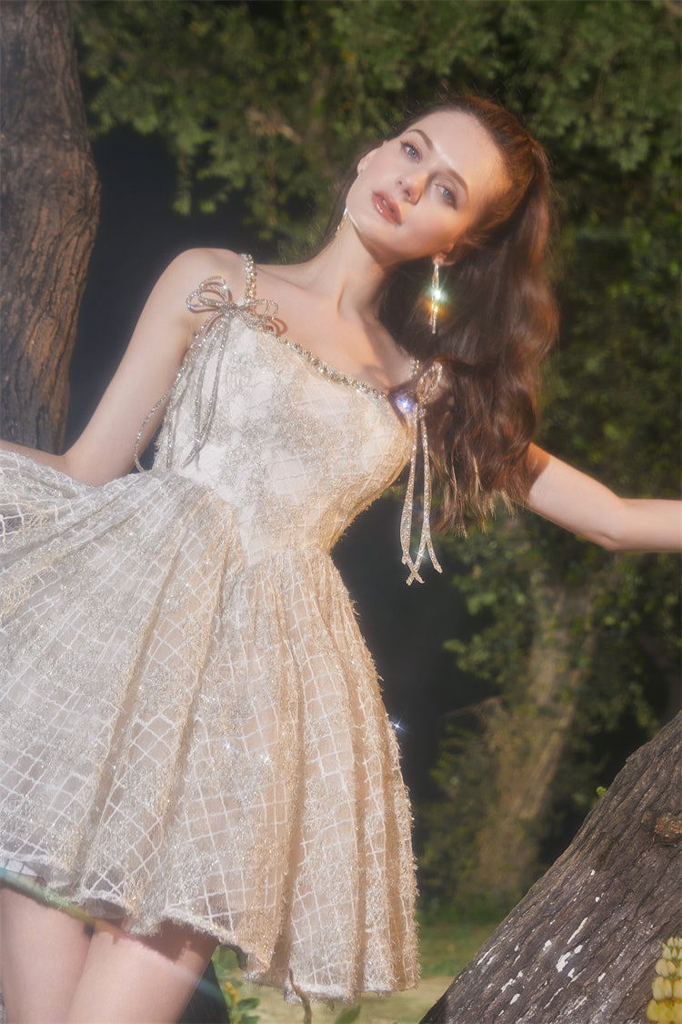 BEIGE SQUARE NECK LACE SLEEVELESS COCKTAIL DRESS