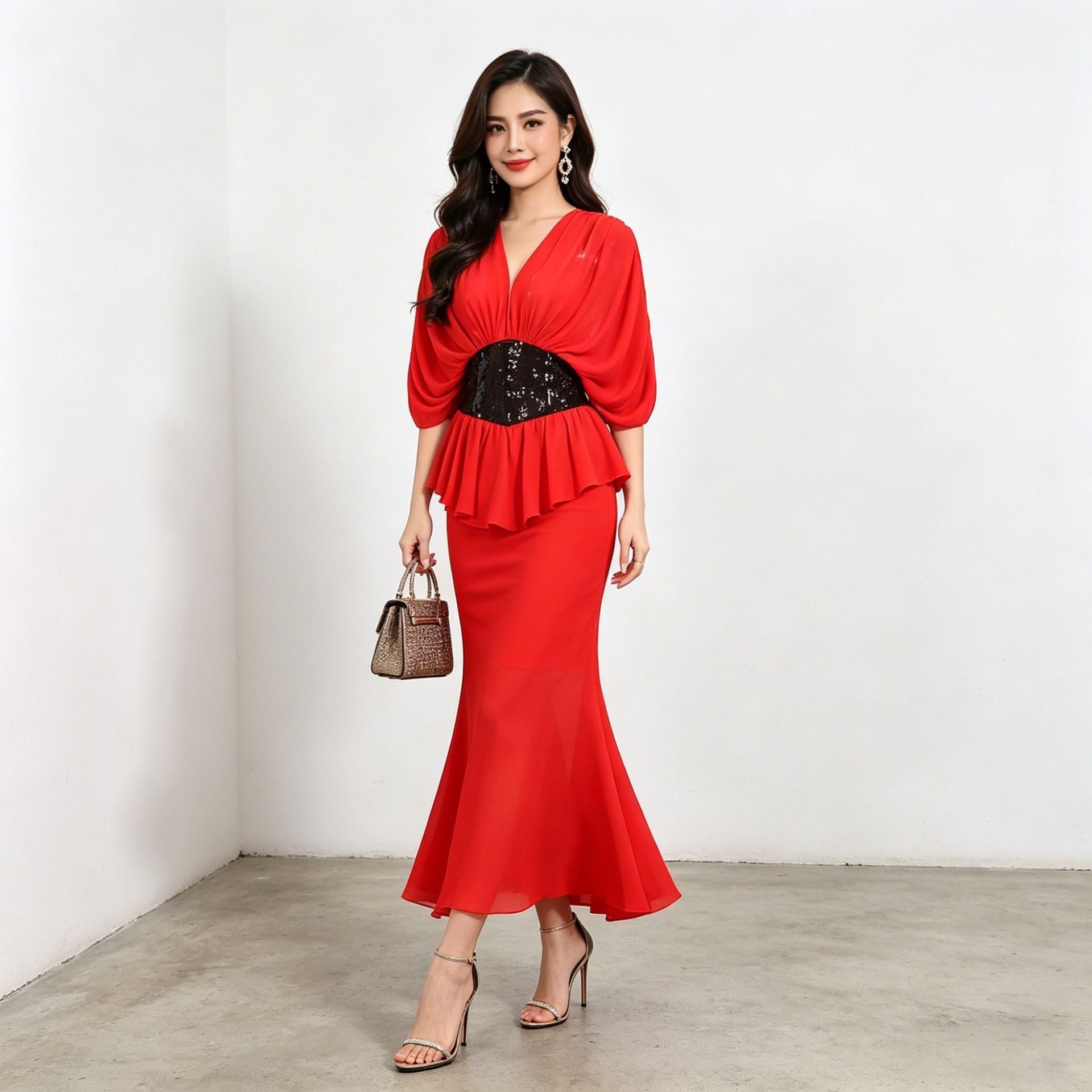 YVETTE V-NECK FISHTAIL BODYCON MAXI DRESS - RED