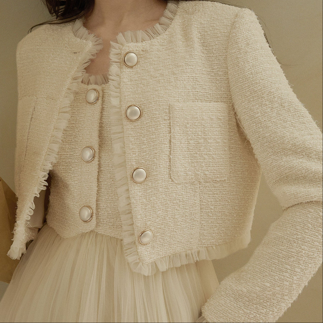 SOFT TWEED CROPPED BLAZER, PEARL BUTTONS, RUFFLE TRIM
