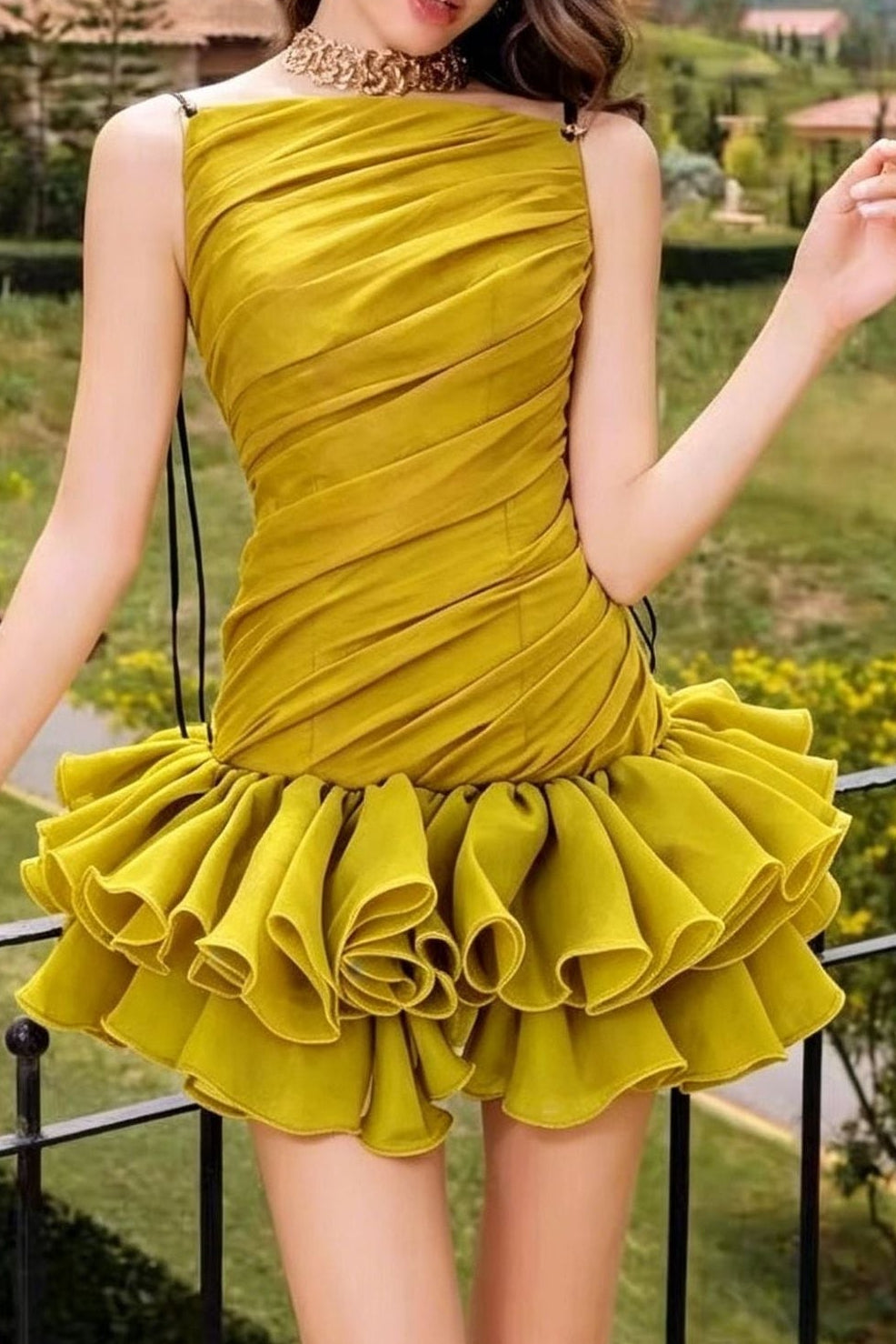 MUSTARD YELLOW RUCHED RUFFLE MINI DRESS, STRAP STYLE