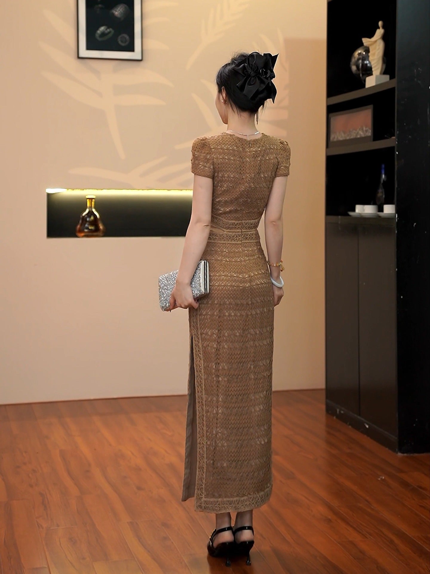 BROWN APPLIQUÉ HOLLOW MAXI DRESS FOR EVENING