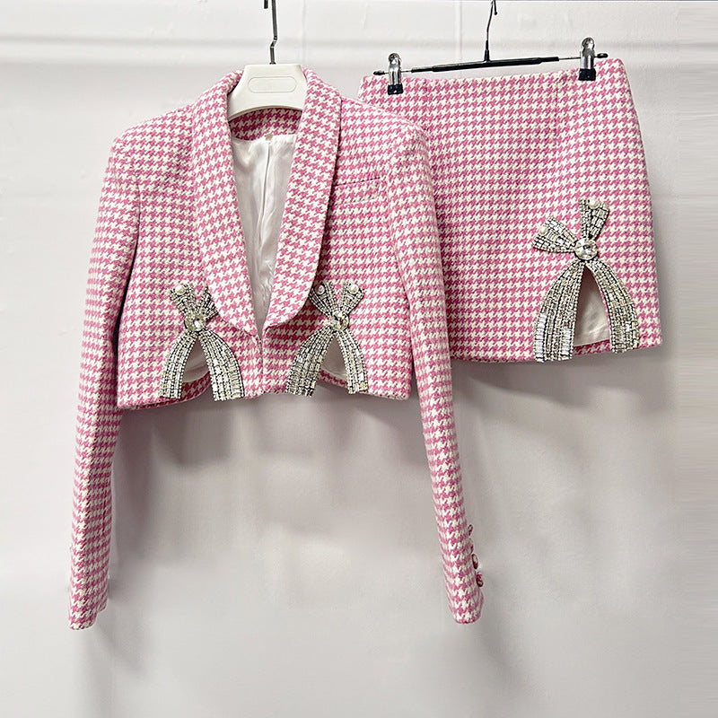 HELEN PINK CHECKED WOOL BLAZER SET