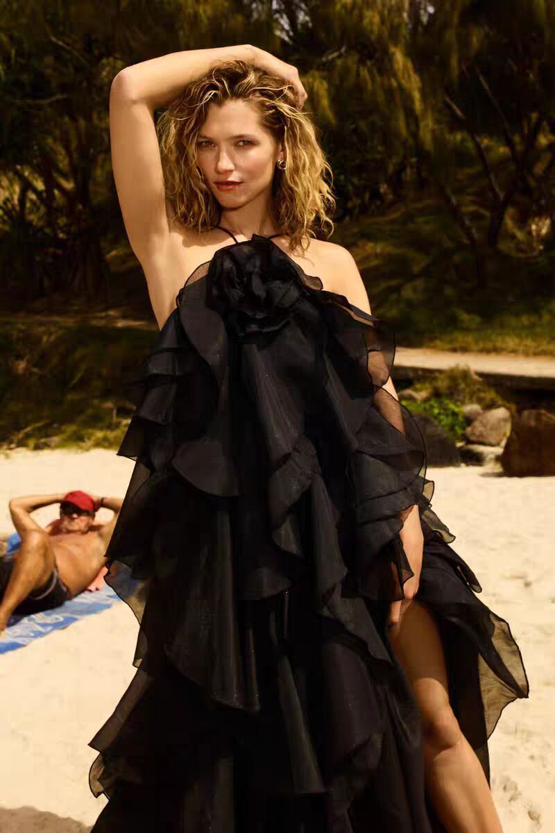 HALTERNECK FLOUNCED MAXI DRESS BLACK