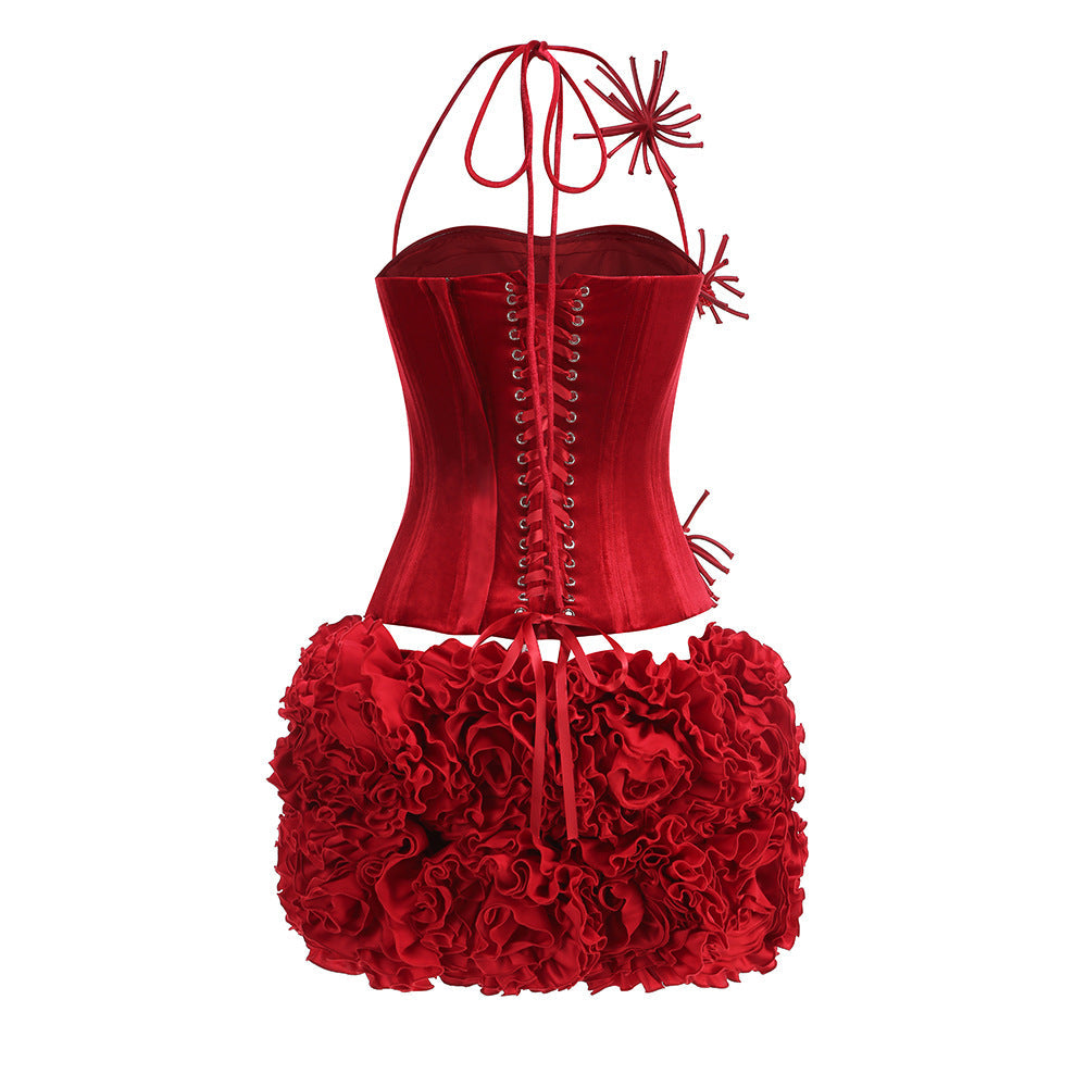 RED CORSET FLORAL MINI SKIRT SUIT FOR PARTY
