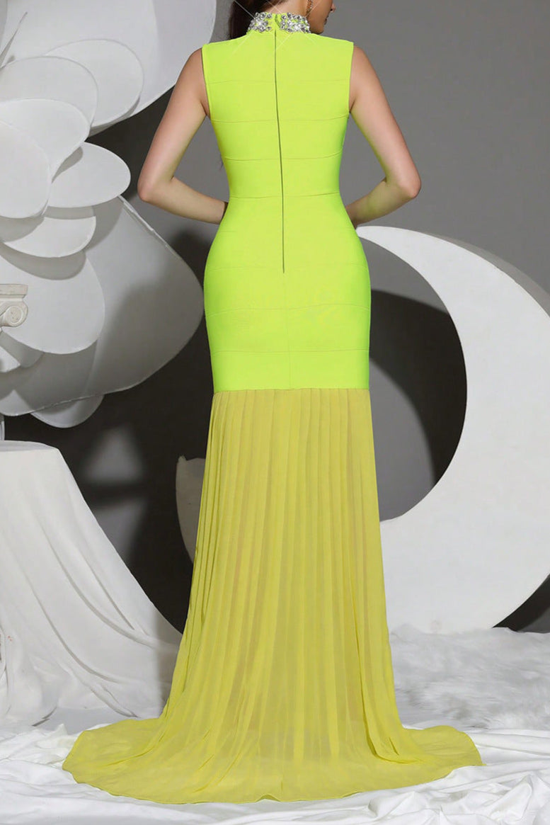 GREEN MESH DIAMOND BANDAGE HIGH COLLAR MAXI DRESS