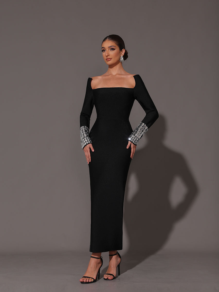 SQUARE NECK BANDAGE MAXI DRESS, BLACK, COCKTAIL