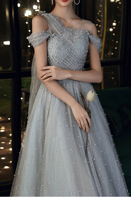 DUSTY BLUE ONE-SHOULDER PEARL MAXI EVENING GOWN