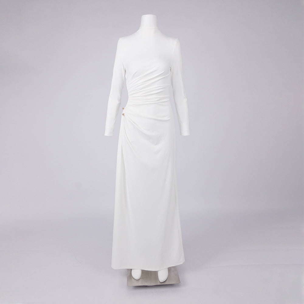 RITA METALLIC MAXI DRESS, LONG SLEEVE, HIGH SLIT, WHITE