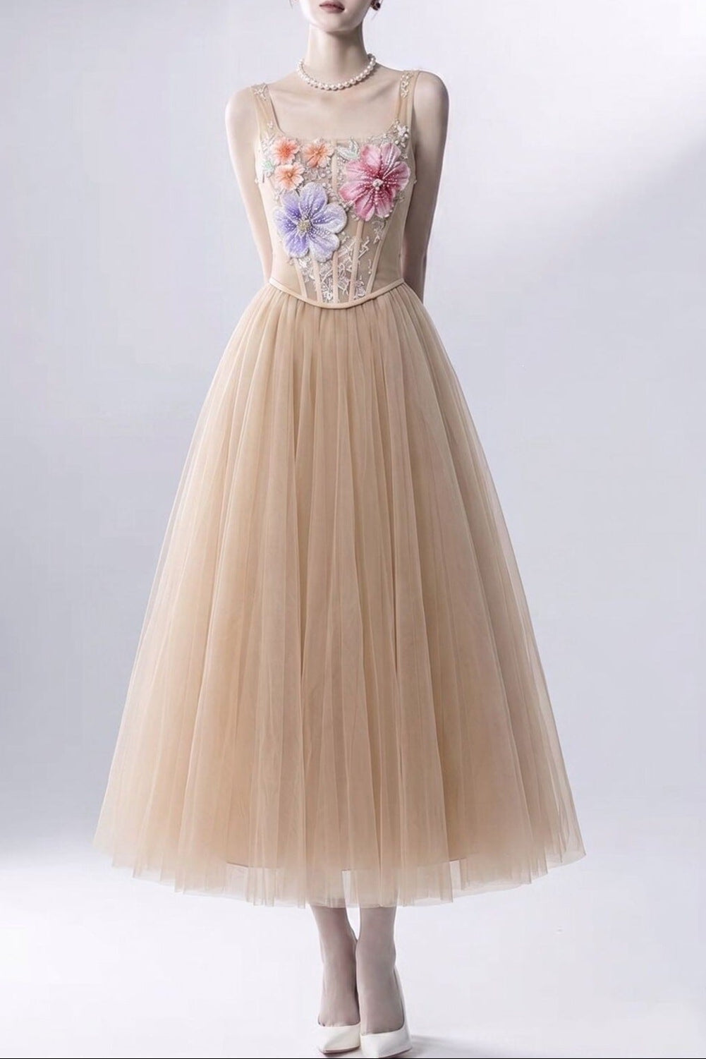 3D FLORAL TULLE SKIRT SET - CHAMPAGNE COCKTAIL