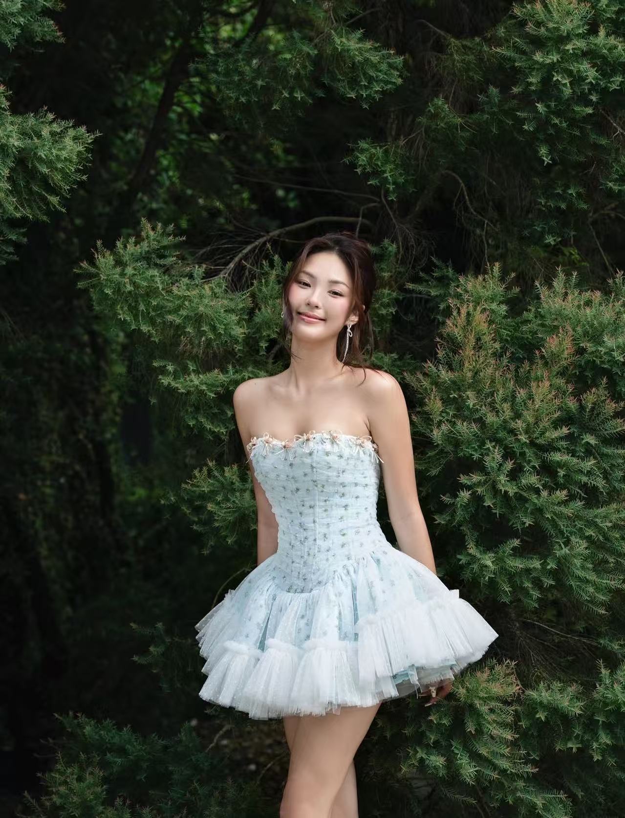 IRENE FLORAL STRAPLESS TULLE MINI DRESS BLUE