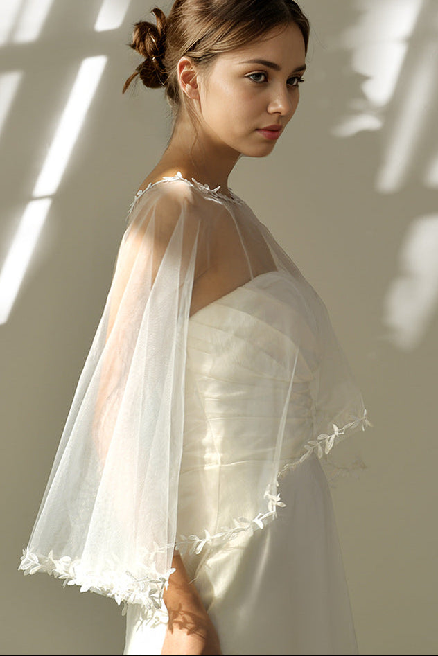 WHITE LEAF EMBROIDERY TULLE WEDDING CAPE SHRUG