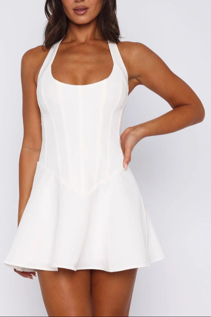 ROXANNE BACKLESS HALTER MINI DRESS WHITE WEDDING
