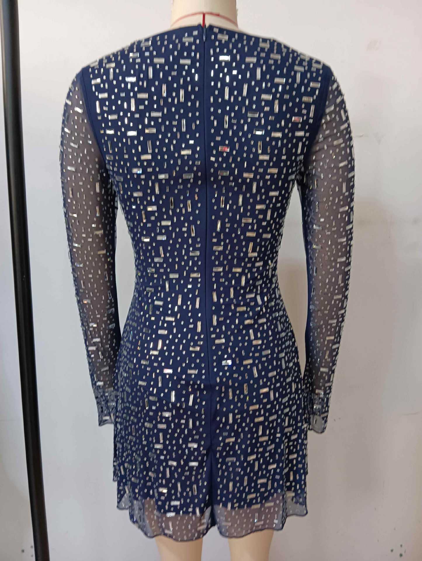 AMANDA NAVY RHINESTONE MESH MINI DRESS