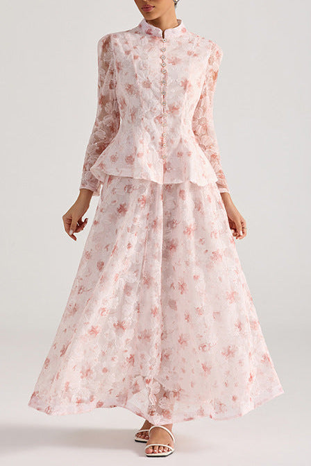REBECCA PINK FLORAL EMBROIDERED LONG SLEEVE TOP SKIRT SET