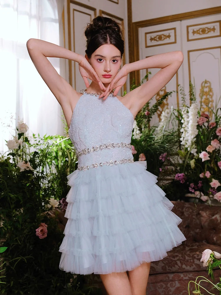 SLEEVELESS HALTER LAYERED PARTY DRESS