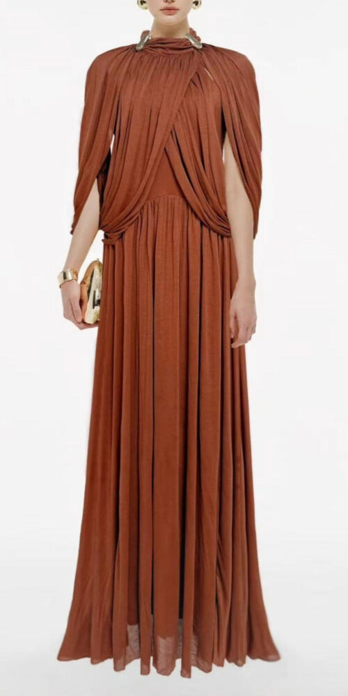 leona brown Draped Cape Sleeve Knit Maxi Dress